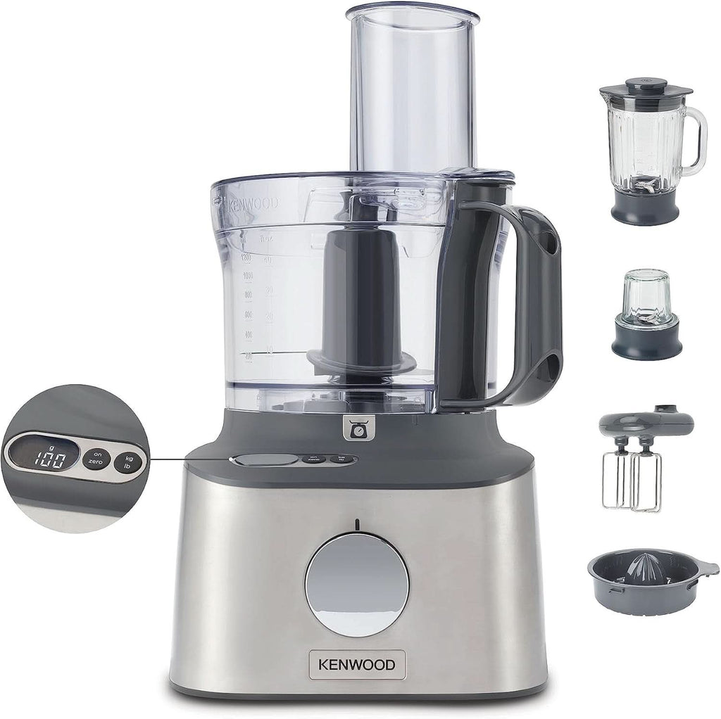 Kenwood Multipro Compact+ FDM315SS Kompakt-Küchenmaschine, 2,1 Liter, Integrierte Waage, Edelstahl Messer, 4 Arbeitsscheiben Und 5 Weitere Zubehör-Teile, Metallgehäuse, 800 Watt, Silber