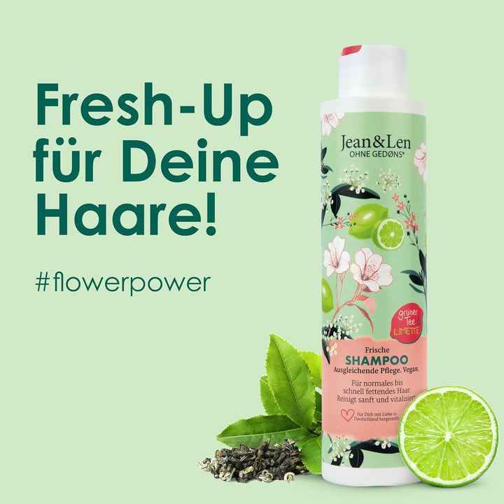 Jean & Len Frische Shampoo Grüner Tee & Limette, Für Normales Bis Schnell Fettendes Haar, Schützt Vor Feuchtigkeitsverlust, Ausgleichende Pflege, Ohne Parabene Und Silikone, Vegan, 300 Ml