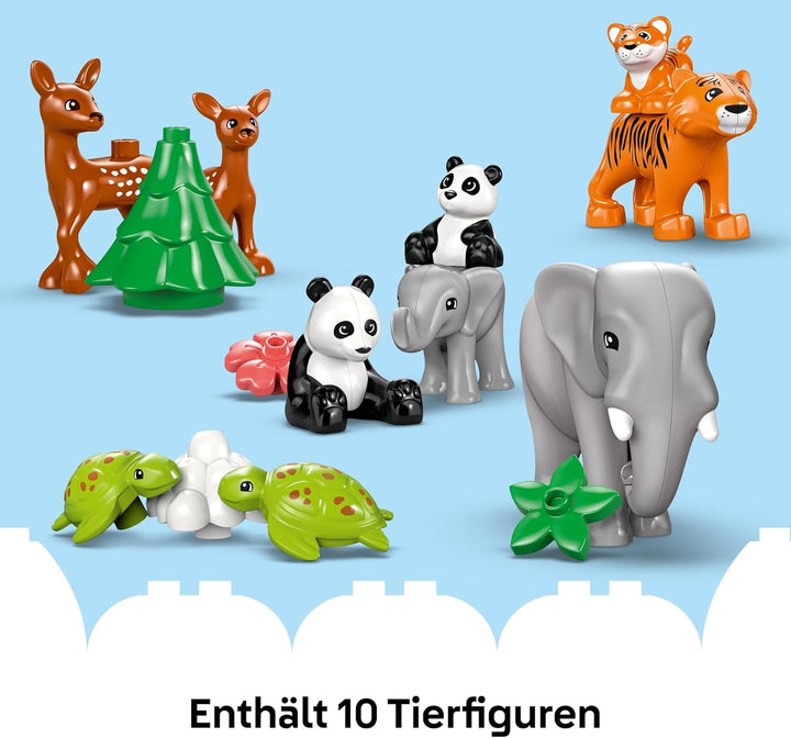 Set LEGO DUPLO Town Wild Animal Families 3-in-1, jucărie educativă pentru copii mici cu țestoase, tigri, elefanți, căprioare, panda, set pentru preșcolari de la 2 ani, jucărie de construit cu figuri de animale 10446