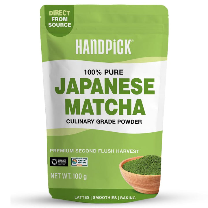 HANDPICK, pliculețe de ceai verde (100 pliculețe) Fără gluten și ceai verde pur | Pliculețe rotunde de ceai verde, fără adeziv, fără înălbitor, fără sfori | Ceai fierbinte/Kombucha sau infuzat la rece | Ceai verde