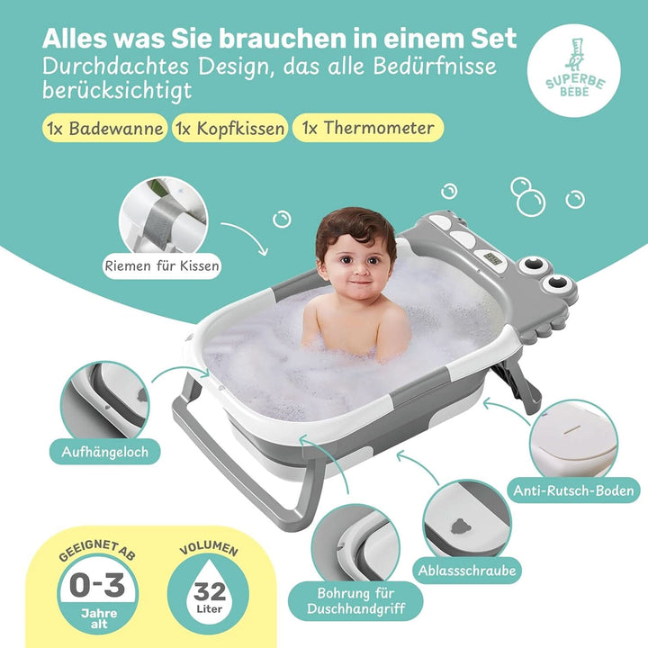 Faltbare Babybadewanne Mit Badekissen Und Integriertem Thermometer - Kinderbadewanne Mit Kostenlosem Badewannenhalter - Ideal Als Geburtsgeschenk Für Mädchen Oder Jungen - Von Geburt an Baby-Badewanne