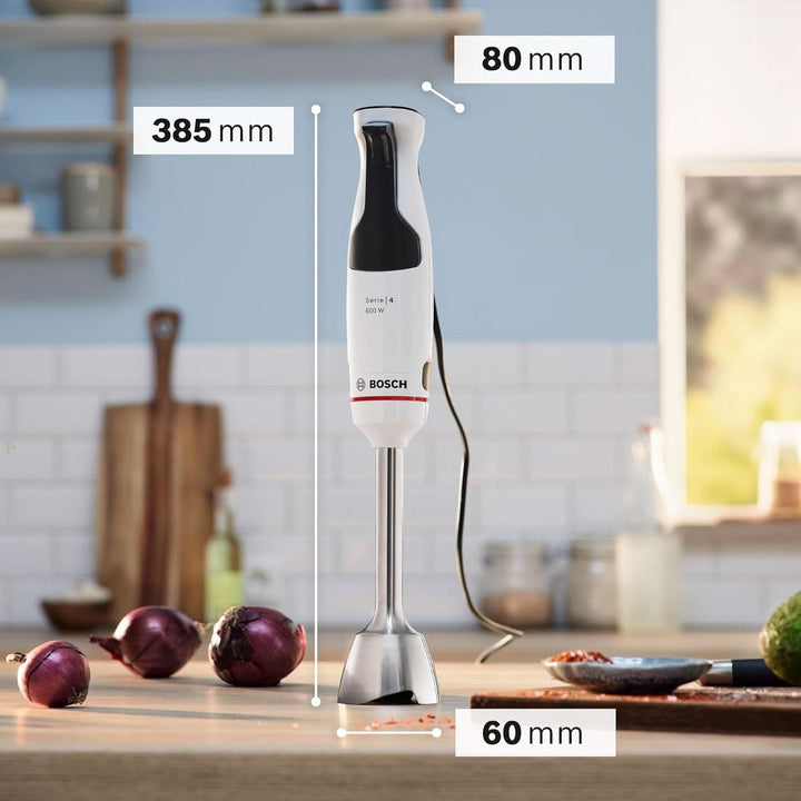 Bosch Stabmixer Ergomaster Serie 4 MSM4W210, Einhändig Bedienbar, Edelstahl-Klingen, Verschleißfreie Keramik-Kupplung, Mixbecher, Quattroblade, Antisplash Funktion, Einschaltsperre, 600 W, Weiß