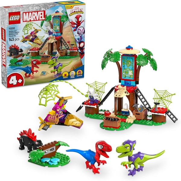 LEGO Marvel Showdown at the Treehouse: Spidey-Rex Vs. Gobby-Raptor, Set de construit și jucat cu dinozauri, cadou cu dinozauri de jucărie pentru băieți și fete cu vârsta peste 4 ani, Spidey și super prietenii săi 11200