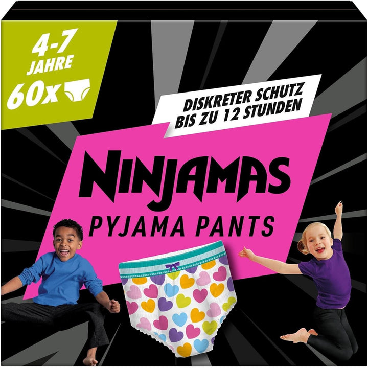 Pantaloni de pijama Ninjamas Hearts, 60 pantaloni de noapte absorbanți, 7 ani, 17Kg-30Kg