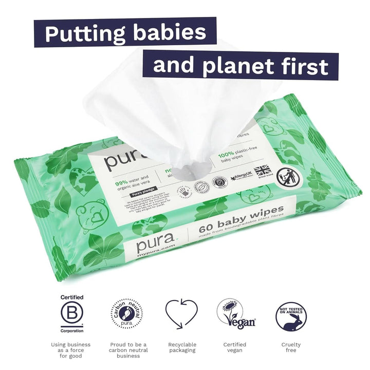 Öko-Feuchttücher Für Empfindliche Babyhaut, 70 Tücher (1 Packung), 99% Wasser, 100% Plastikfrei, Biologisch Abbaubar, Für Sensible, Zu Ekzemen Neigende Haut, Neugeborene, Vegan