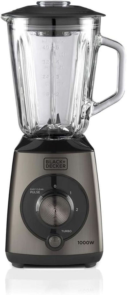 BLACK+DECKER Standmixer | 500W | 2 Geschwindigkeiten | Pulse-Funktion | Glaskrug | 1,5L | Edelstahlmesser Mit 4 Klingen | Herausnehmbar Und Leicht Zu Reinigen | Weiß Und Grau