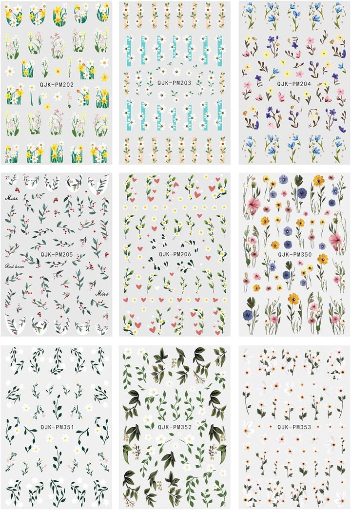 JMEOWIO Nagelsticker Bunte Blumen 9 Blatt Nail Art Sticker Selbstklebend Nagelaufkleber Frühling Sommer Blumen Dekoration Nageldesign Zubehör