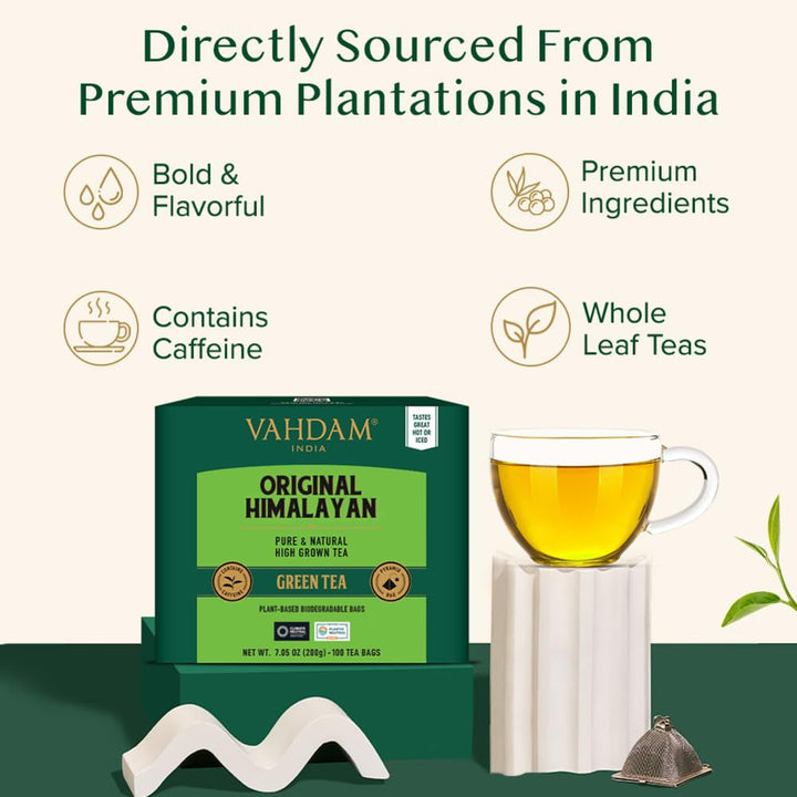 VAHDAM, ceai verde din Himalaya (100 pliculețe de ceai) 100% pur și aromat | Frunze de ceai verde natural | Vegan, fără gluten, fără lactoză | Proaspăt și direct de la sursa din India | Ceai verde