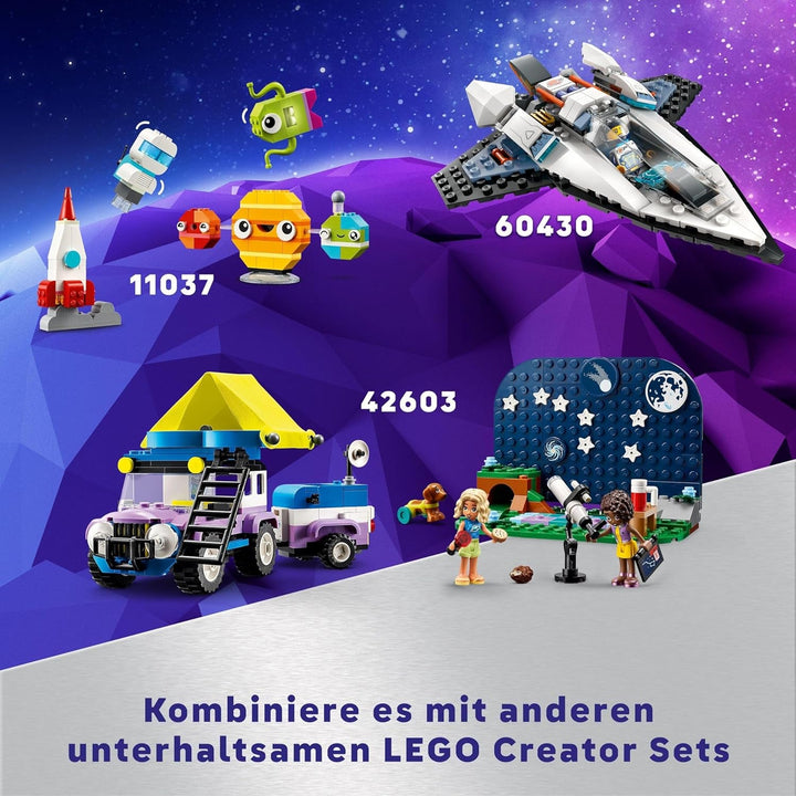 Set de vehicule de camping LEGO Friends Stargazer cu mașină de teren și telescop de jucărie, cadou de la 7 ani pentru fete și băieți, include figurile de joc Nova, Aliya și un câine 42603