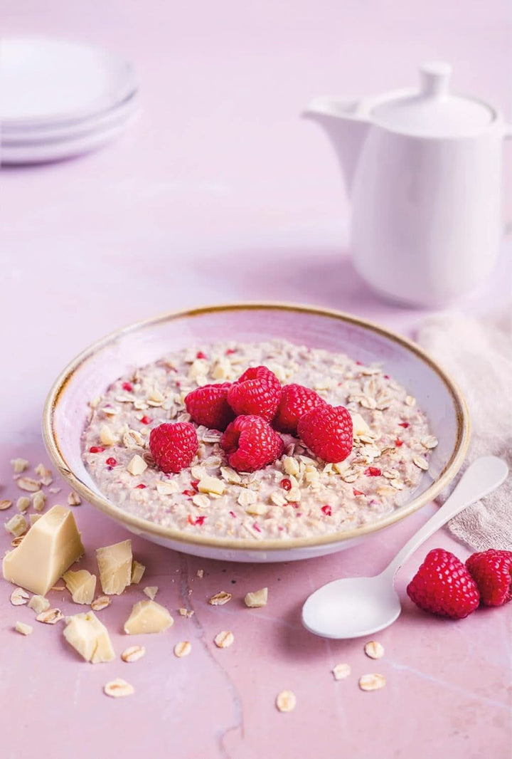 RUF Porridge Raspberry White Choc, Porridge instant cu bucăți de zmeură și ciocolată albă rasă, 65 de grame