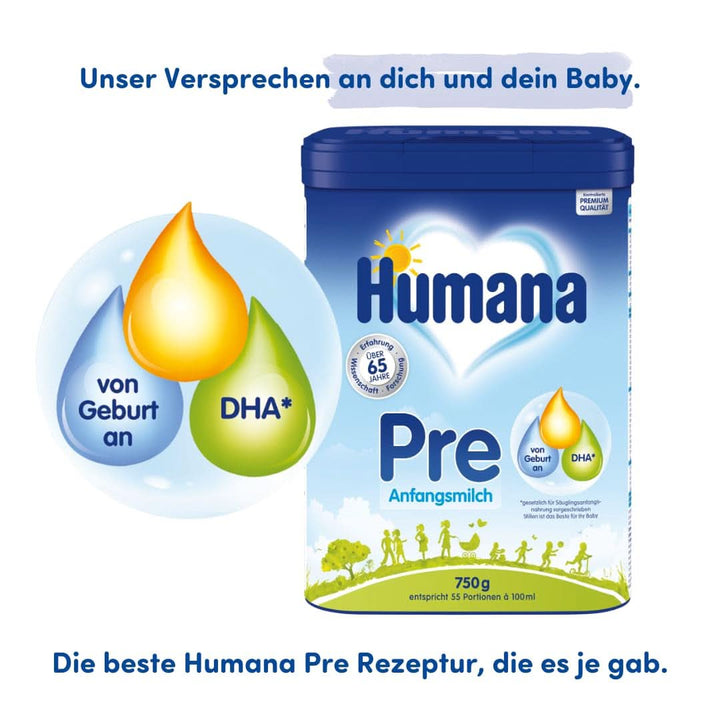 Humana Anfangsmilch Pre, Von Geburt An, Milchpulver Für Säuglingsmilch, Zusätzlich Zur Muttermilch Oder Als Alleinige Pre Nahrung, Babynahrung Mit DHA Und Nur Laktose, 750 G