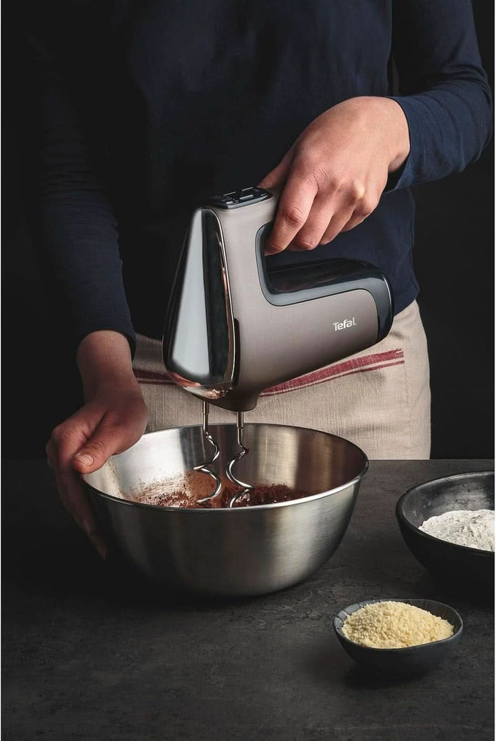 Tefal HT650E Power Mix Silence Handmixer | 600 Watt | Variabler Geschwindigkeitsregler | Turbo- Und Auswurf-Funktion | Extrem Leiser Motor | Inkl. 2 Rührbesen Und 2 Knethaken | Grau