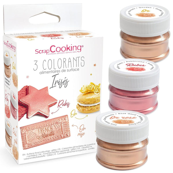 Scrapcooking - Set de 3 coloranți alimentari metalici - Colorant alimentar: auriu, auriu roz și rubin - Colorant alimentar comestibil pentru copt, prăjituri, fursecuri, torturi, ciocolată - 4019
