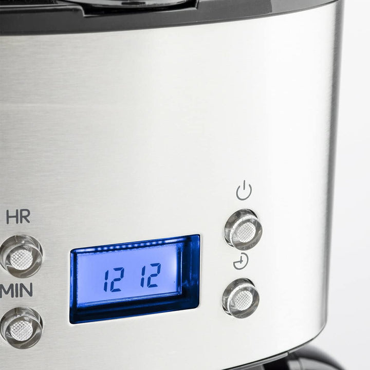 Cafetieră cu filtru din oțel inoxidabil H.Koenig 1,5L (12 cești) MG30, 1000W Carafă din sticlă gradată, Sistem anti-picurare, Menține cald, Afișaj Ldc, Oprire automată, Suport filtru detașabil, lavabil