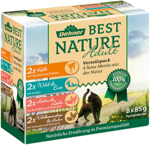 Dehner Best Nature Cat Food Multipack, hrană umedă, pentru pisici adulte, 2 X vițel / vânat / pui / iepure, 8 X 85 G sac (680 G)
