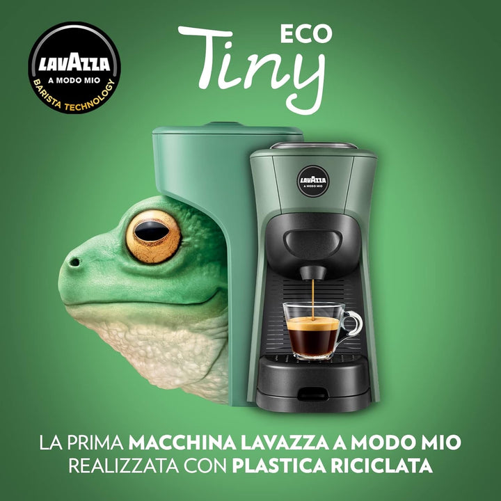 Lavazza, un aparat de cafea Modo Mio Tiny Eco Green cu 64 de capsule asortate, espressor fabricat din plastic reciclat, 1450 W, 220-240 V, 50/60 Hz, 0,6 litri