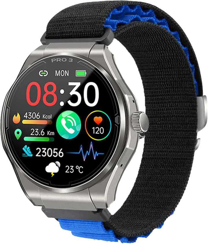 PRO 3 (2024) Silver - Ceas de sănătate Smartwatch cu funcție de telefonie - ECG + HRV și funcție SOS - Afișaj AMOLED- BT Bluetooth - Sleep apnoea - Curea siliconică Negru, 14-24, rotund