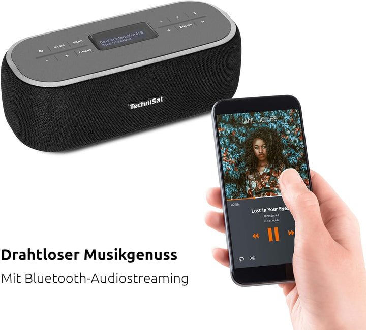 Technisat VIOLA BT 1 - Difuzor Bluetooth portabil cu radio digital DAB+ (FM, DAB, ceas, alarmă cu temporizator, memorie favorite, LCD, funcție mâini libere, aux-in, baterie reîncărcabilă, cablu de încărcare USB-C, 6W) negru/gri