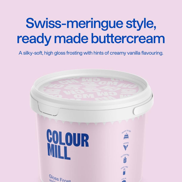 Colour Mill White Buttercream Gloss Frost, Cremă de unt albă în stil meringue elvețian, Vanilie cremoasă, Perfectă pentru glazurare, pipetare și umplere - 1 L Pasta de zahar Naty Shop