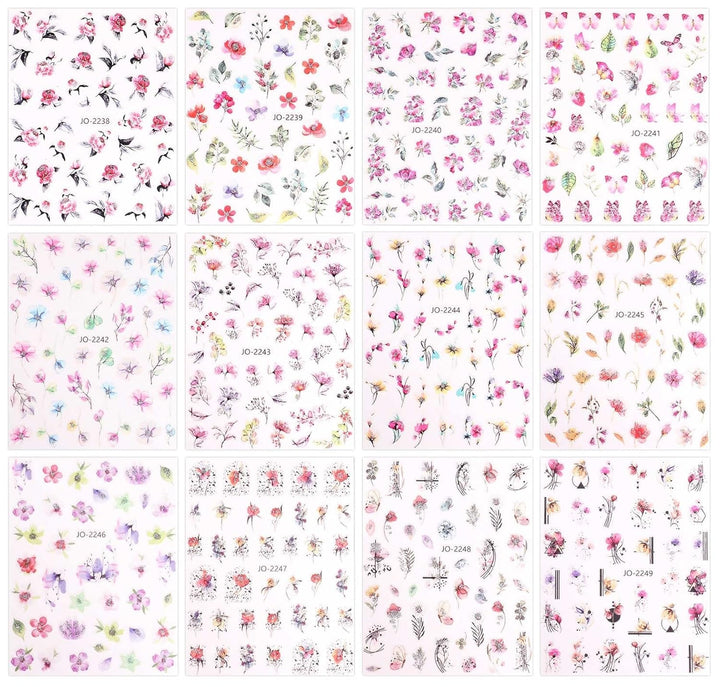 JMEOWIO Nagelsticker Frühling Blume 12 Blatt Nail Art Sticker Selbstklebend Nagelaufkleber Blätter Dekoration Nageldesign Zubehör