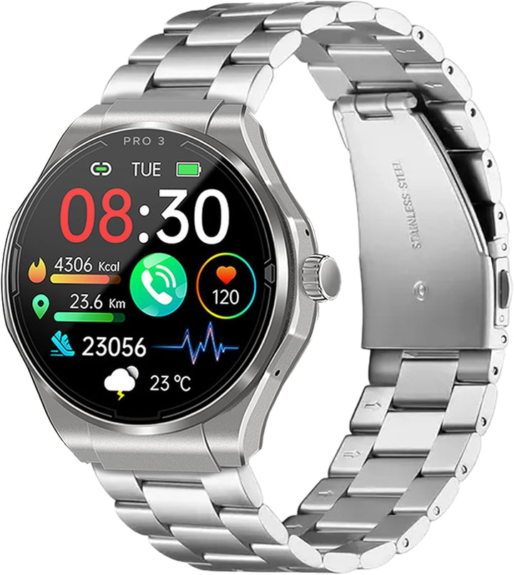 PRO 3 (2024) Silver - Ceas de sănătate Smartwatch cu funcție de telefonie - ECG + HRV și funcție SOS - Afișaj AMOLED- BT Bluetooth - Sleep apnoea - Curea siliconică Negru, 14-24, rotund