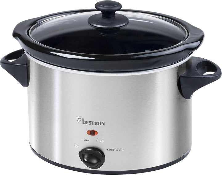 Bestron Slowcooker Für 4 Personen, Schongarer Mit Keramikpfanne & Glasdeckel, 3 Stufen-Thermostat, Ideal Für Viele Gerichte Wie Fleisch, Suppen & Gemüse, 3.5 Liter, Farbe: Silber