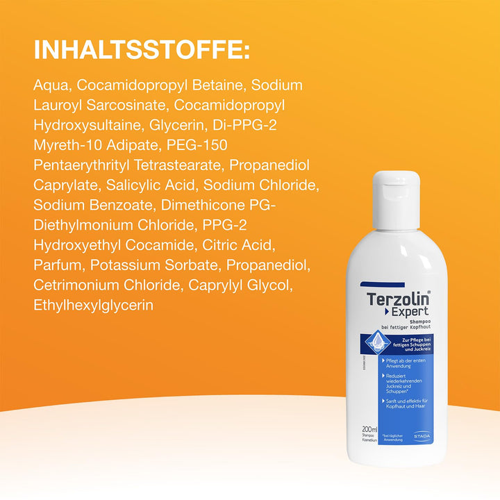 Terzolin Expert Shampoo Für Fettige Kopfhaut & Haar, Anti-Schuppen, Gegen Juckreiz, Mit Crinipan PMC Green, Feuchtigkeitsspendend, 200 Ml