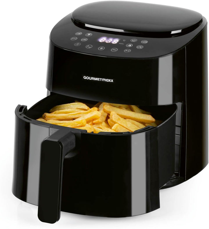 Gourmetmaxx Digitale Heißluftfritteuse XXL - 9L Ofen | Airfryer Mit Timerfunktion, Touchdisplay, Drehspieß, Schaschlikspießen | Fettarm, Energiesparend Frittieren | 8 Programme, 1800 W