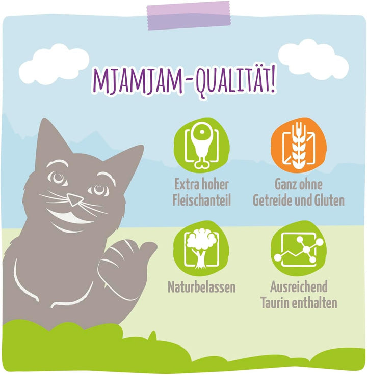 Mjamjam - Hrană umedă premium pentru pisici - Quetschie - Curcan gustos cu morcovi gustoși, pachet de 6 (6 X 300 G), fără cereale cu extra carne