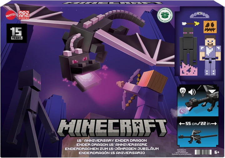 Mattel Minecraft Ender Dragon Action Figure Set, lumini, zgomot și ceață cu Steve și Enderman, True To Scale la aproximativ 8 cm înălțime Figuri HTN25