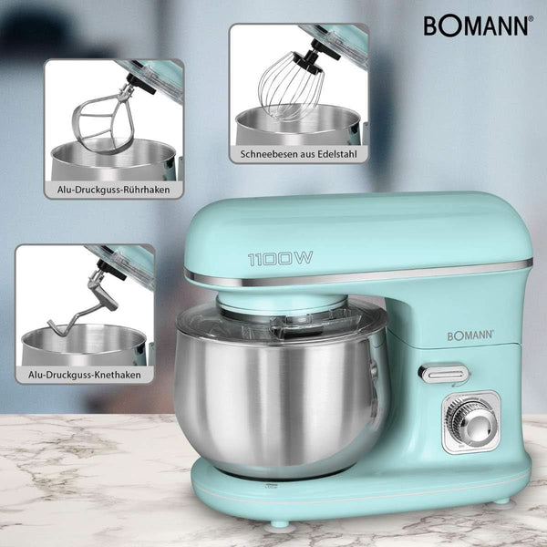 Bomann® Retro Küchenmaschine Zum Backen | Knetmaschine 5L |Starker 1100W Motor | Teigmaschine Inkl. Haken & Schneebesen | Retro Teigknetmaschine Spritzschutz Mit Nachfüllöffnung – KM 6030 CB Mint-Grün