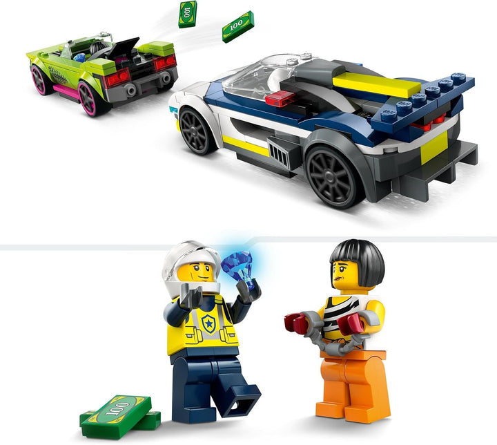 LEGO City Car Chase cu mașină de poliție și mașină cu mușchi, tren de jucărie cu 2 mașini de curse, cadou de poliție pentru copii, băieți și fete de la 6 ani, set cu polițist și minifigurine Ganovin 60415