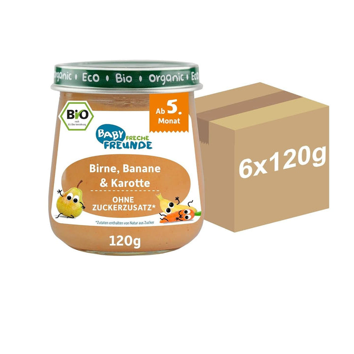 BABY FRECHE FREUNDE Bio Gläschen Abendbrei Banane, Apfel Mit Grieß Für Babys Ab 6 Monaten, Ohne Zuckerzusatz, 6 X 190G