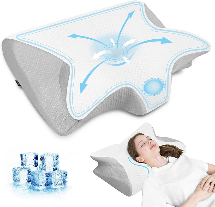 HOMCA Pernă pentru gât Pernă ortopedică din spumă de memorie 2 în 1 Pernă de susținere a gâtului cu capac de răcire 3D Pernă ergonomică de dormit pentru cei care dorm pe spate, lateral și abdominal, gri, 60X13/11X40 cm