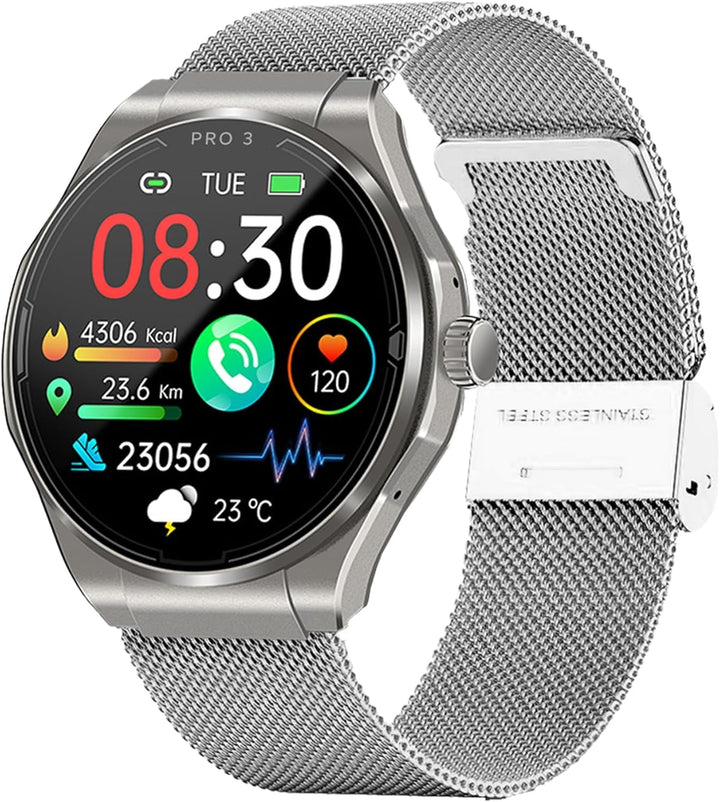 PRO 3 (2024) Silver - Ceas de sănătate Smartwatch cu funcție de telefonie - ECG + HRV și funcție SOS - Afișaj AMOLED- BT Bluetooth - Sleep apnoea - Curea siliconică Negru, 14-24, rotund