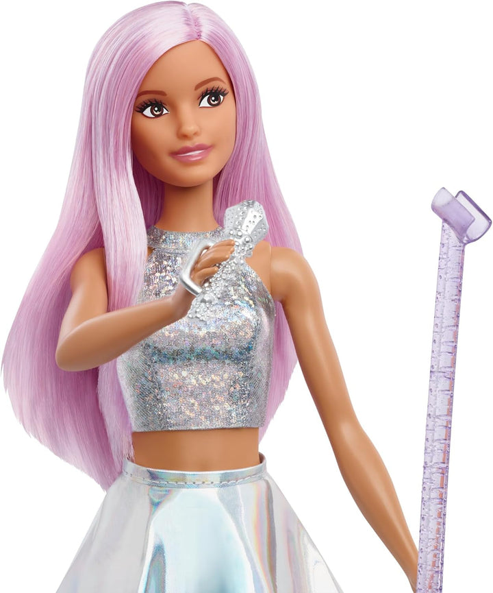 Păpușa Barbie Pop Star îmbrăcată într-o fustă strălucitoare, cu microfon și păr roz, cadou pentru copii de la 3 la 7 ani, JCW42, Dazzling