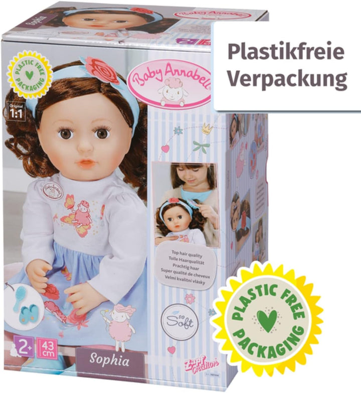 Baby Annabell Sophia Brunette 43Cm, păpușă moale cu păr lung castaniu, incl. haine pentru păpușă, bentiță și perie, 707234 Zapf Creation