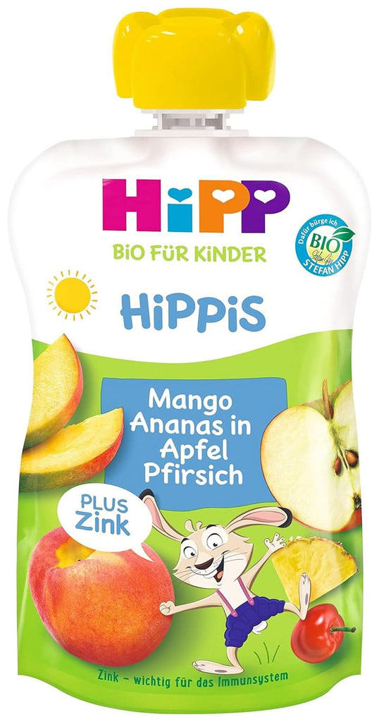 Hipp Bio Für Kinder Hippis Frucht plus Mango Ananas in Apfel Pfirsich plus Zink - Hans Hase, 6Er Pack (6 X 100 G)