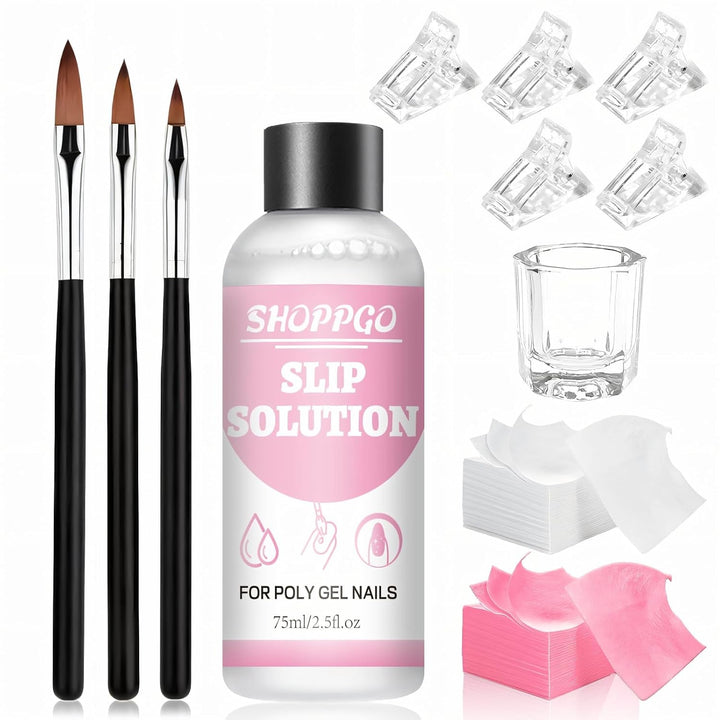 Soluție de îndreptare Polygel, Kit pentru unghii Polygel Slip Solution, Soluție de îndreptare 75 ml, Include 5 cleme pentru vârfuri de unghii, 3 perii de unghii, 1 cupă de cristal, 100 foi de curățare