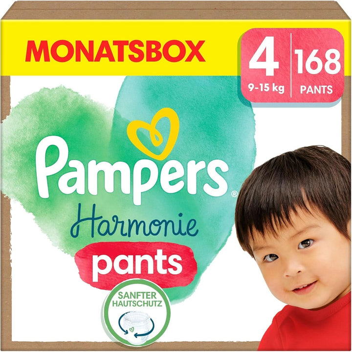 Pampers Harmonie Windeln Pants Baby, Größe 4 (9Kg-15Kg), Monatsbox, Sanfter Hautschutz Und Pflanzenbasierte Inhaltsstoffe, 168 Höschenwindeln