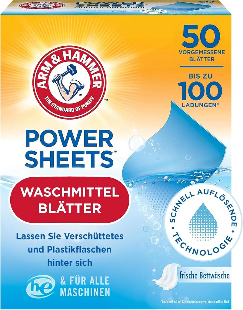 Arm and Hammer Power Sheets, foi de detergent, 50 de bucăți, pentru până la 100 de sarcini mici de spălat