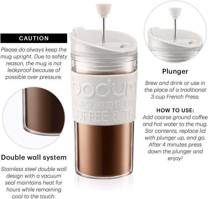 Cafetieră Bodum 11102-913S Travel Press, Plastic, Alb/Transparent, 0,35 L, 7,1 x 8,9 x 17,2 cm, 1 unitate