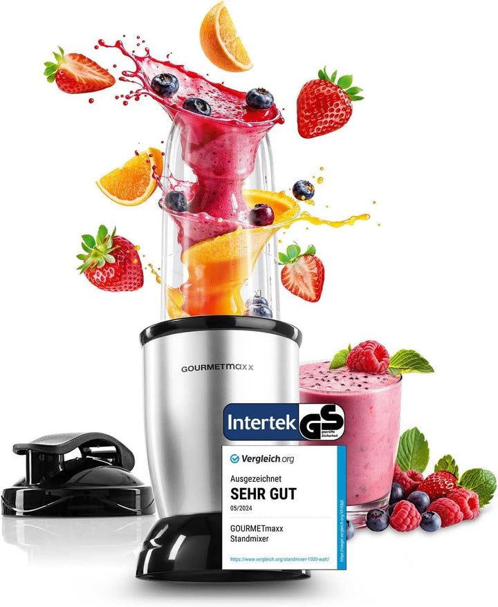 Gourmetmaxx Mr. Magic Mixer | Smoothie Maker Mit Xxl-Zubehörpaket | Standmixer 18-Tlg. | Blender Mit Auslaufsicheren Frischhaltedeckeln | Food Processor Für Shakes, Smoothies Etc.