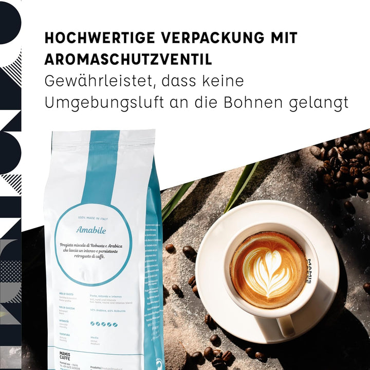 Mamis Caffè Amabile (1 Kg) - Ganze Espressobohnen - Mittel Gerösteter Kaffee Mit Süßen Untertönen - Italienischer Espresso Mit Dicker Crema - Perfekt Als Espresso, Cappuccino Oder Latte Macchiato