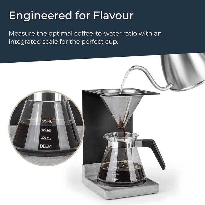 Set cafetieră BEEM Pour Over - 4 cești | Filtru permanent din oțel inoxidabil (mărimea 2), ulcior de sticlă de 0,5 l, bază din beton | Preparare manuală a cafelei pentru o aromă deosebit de delicată de cafea