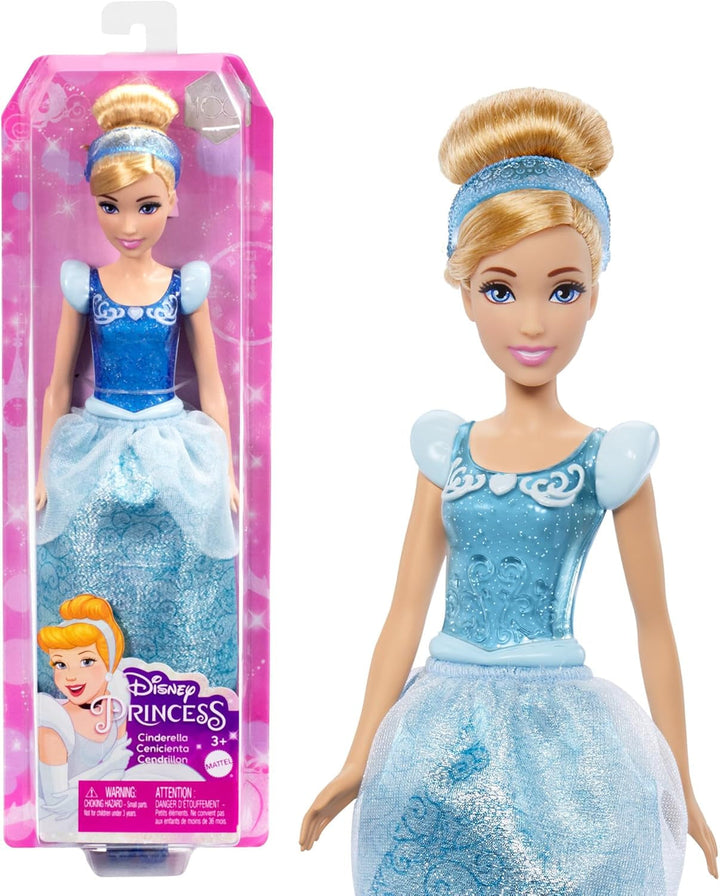 Mattel DISNEY Princess Cinderella - Păpușă mobilă cu costum strălucitor, pantofi și diademă detașabile, păr pieptănabil pentru distracție la coafor, pentru copii de la 3 ani în sus, HLW06