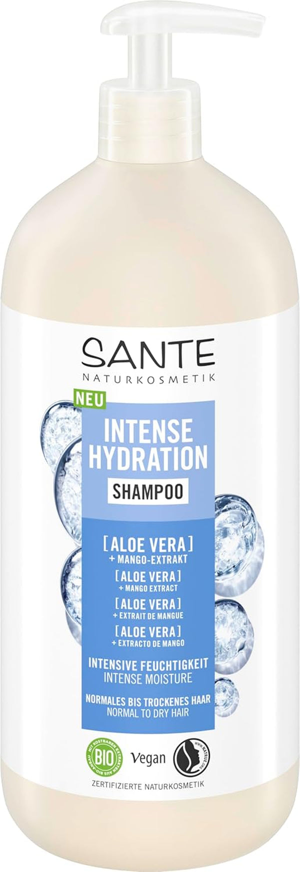 SANTE Naturkosmetik Intense Hydration Shampoo Aloe Vera + Mango-Extrakt, Veganes Pflegeshampoo Mit Pumpspender, Stärkt Und Hydratisiert Trockenes Haar, 950 Ml