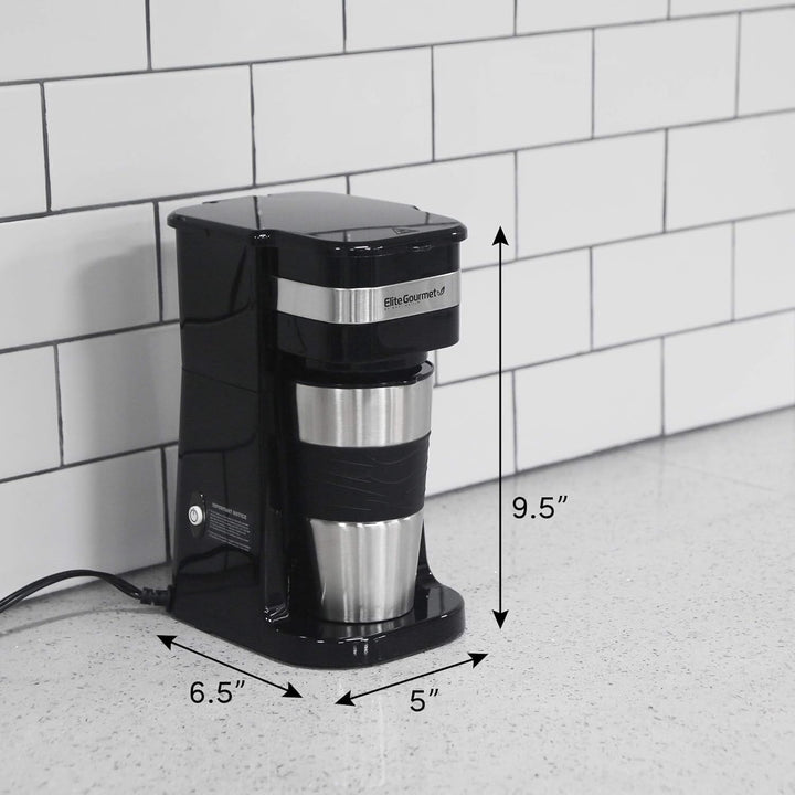 Elite Gourmet EHC111A# Cafetieră cu filtru cu porție unică, compactă, plus cană de călătorie termo cu interior din oțel inoxidabil, pentru cafea măcinată, filtru reutilizabil, 398 ml, negru