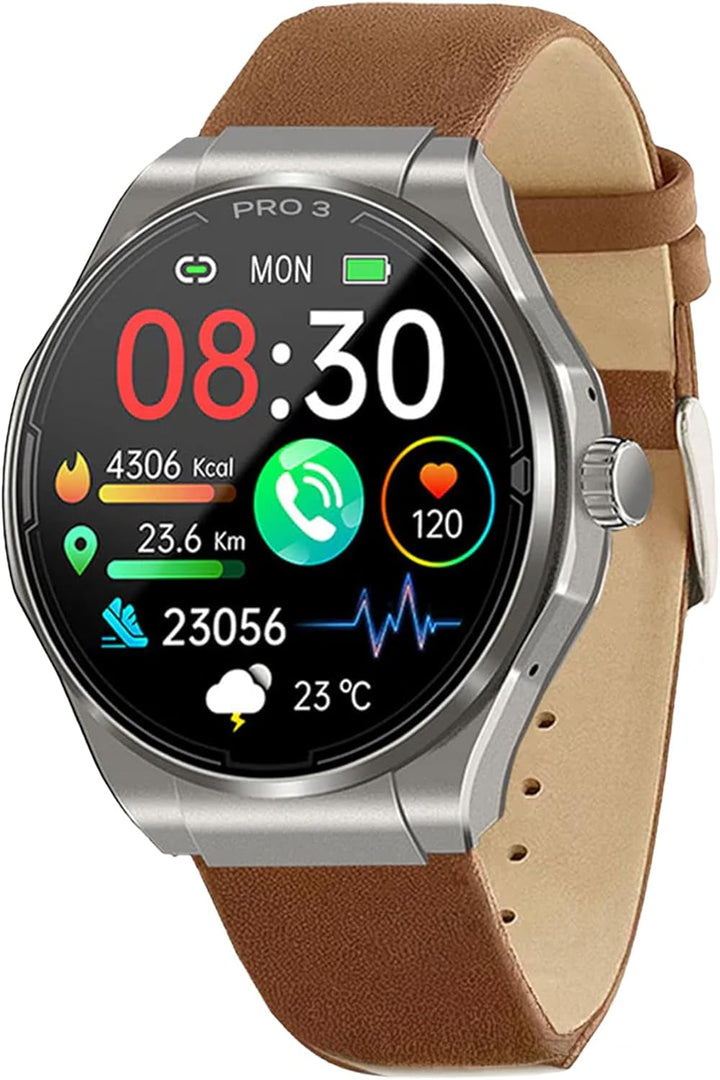 PRO 3 (2024) Silver - Ceas de sănătate Smartwatch cu funcție de telefonie - ECG + HRV și funcție SOS - Afișaj AMOLED- BT Bluetooth - Sleep apnoea - Curea siliconică Negru, 14-24, rotund