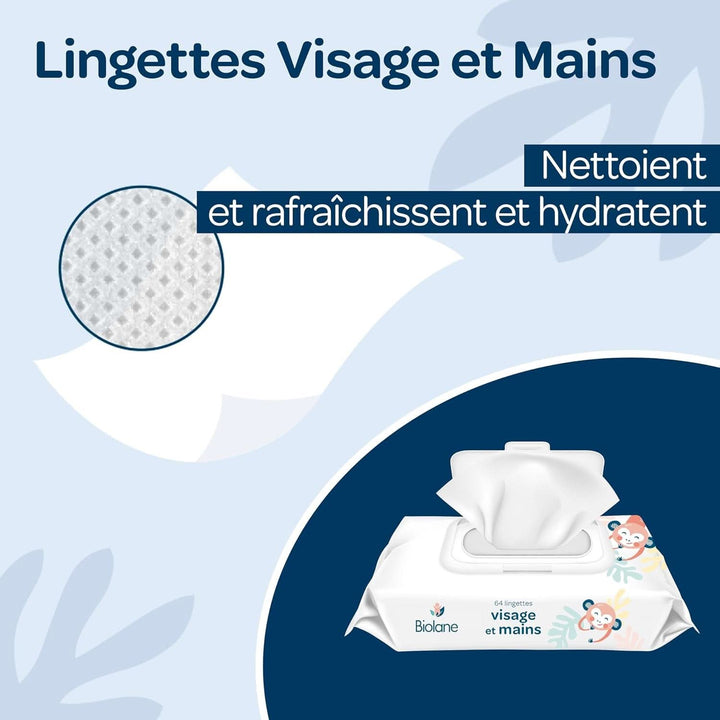 BIOLANE - Babytücher Für Gesicht Und Hände – 6 Packungen – 384 Tücher (6 X 64 Cm) – Reinigt Und Schützt – Toilette – Hyppoallergen – Für Empfindliche Haut – 97% Natürliche Inhaltsstoffe – Hergestellt